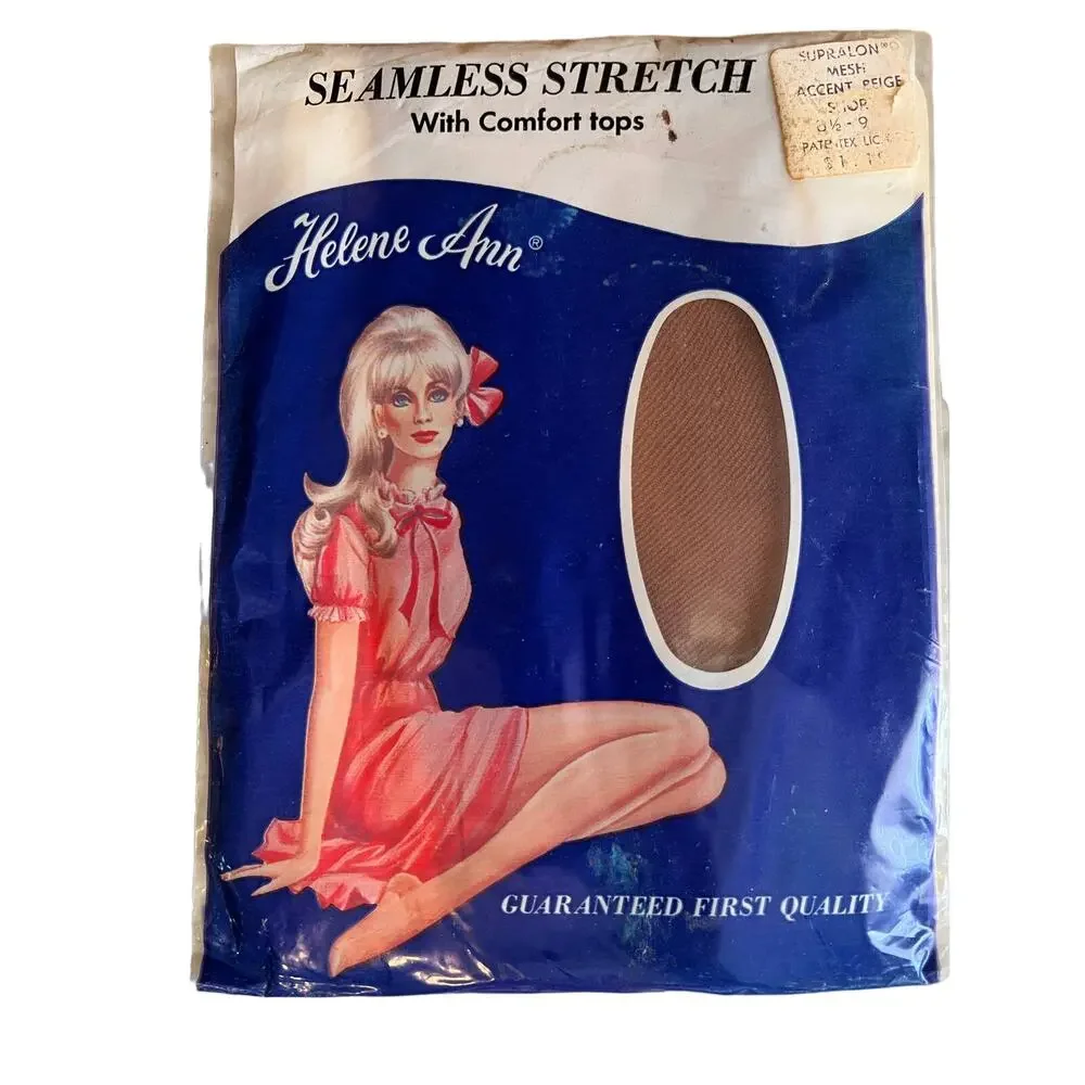 Pair of Vintage 60s Helene Ann Seamless Stretch Nude Stockings Accent Beige